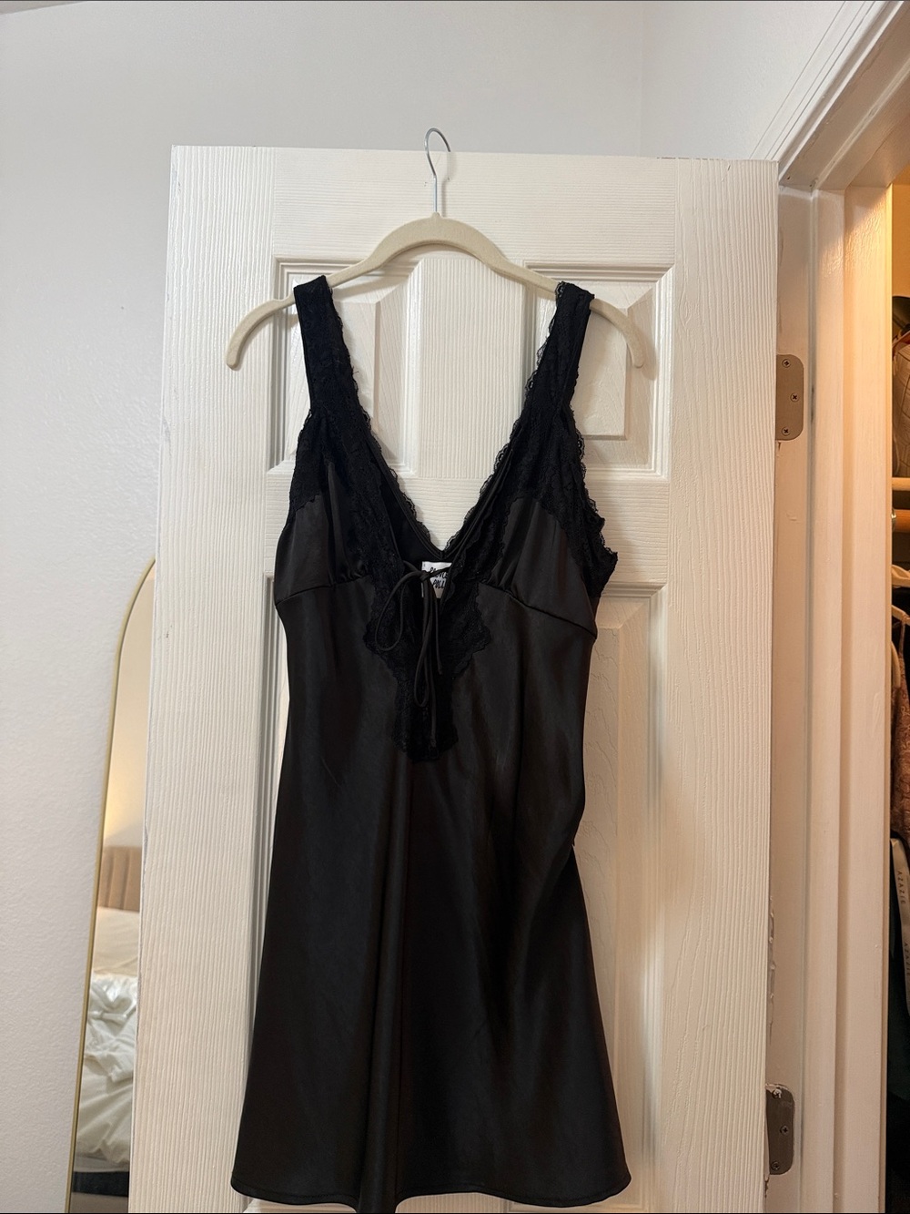 Black Satin Lace-Trim Slip Dress - Women's Chemise